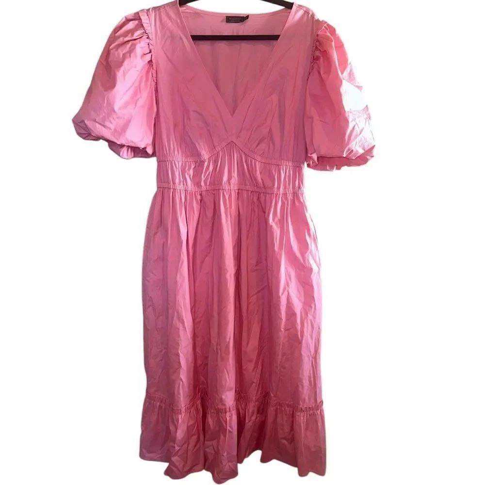 Vineyard Vines Palm Beach V Neck Poplin Balloon Sleeve Ruffle Midi Dress Size L